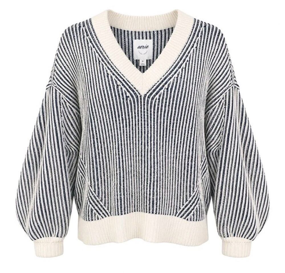 Aerie Striped Oversized Sweater Black Creme Coastal Nautical Fisherman Sz XXS